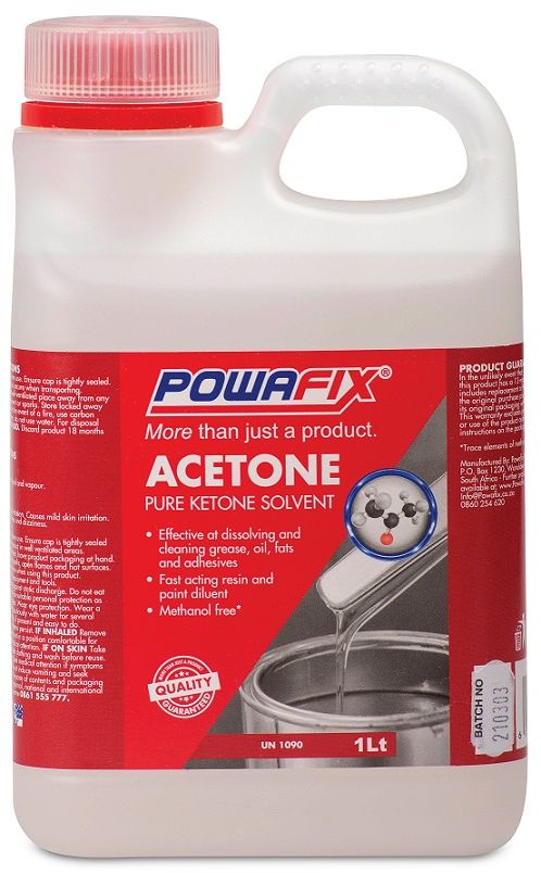 Powafix Acetone is a fast evaporating solvent used to generally clean. No methanol used. Trace Levels of methanol maybe be found below 1%. Do not consume.
