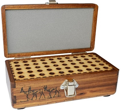 The Blacksmith Creations Ammunition Case is a handmade & high quality Kiaat wood case which houses 50 rounds in a point downwards position.