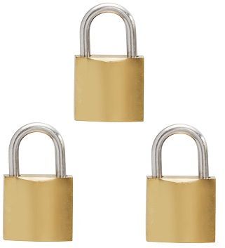 Security iron padlock 20mm 3 pack keyed alike brass epoxy coated & includes 2 keys.