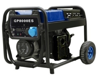Air cooled diesel generator with wheels and handles.