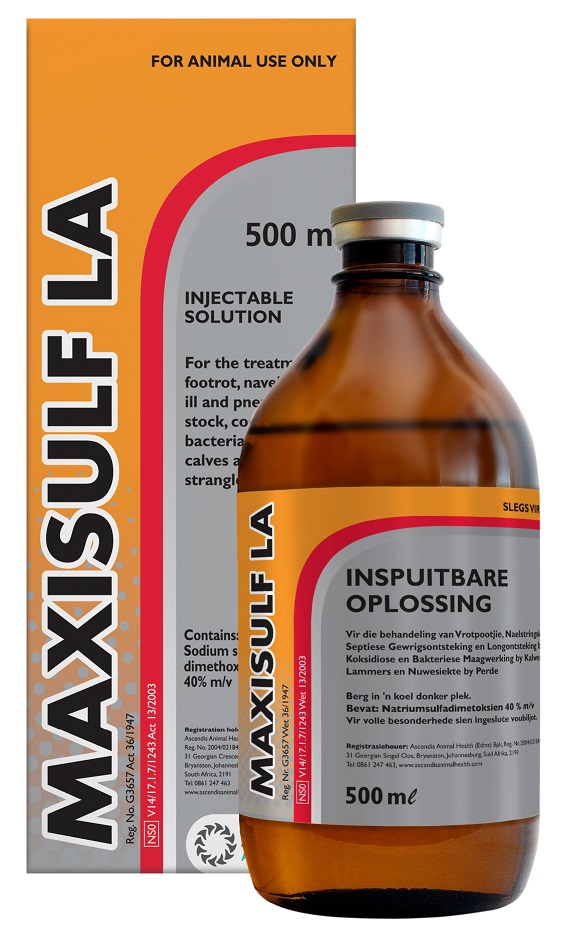 Injectable solution for the treatment of foot rot, navel-ill, oint-ill and pneumonia in stock, coccidiosis and bacterial scours in calves and lambs and strangles in horses.