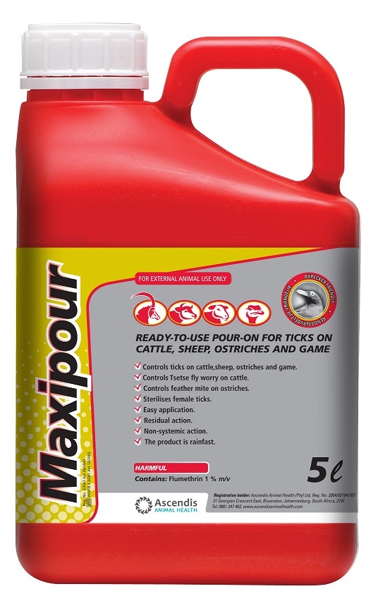 Ready-to-use pour-on for ticks on cattle, sheep, ostriches and game.