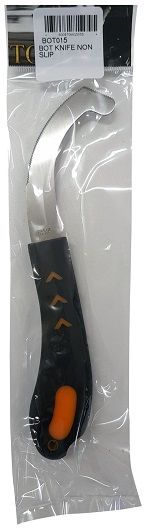 A specially designed curved knife that easily scrapes bot eggs off your horse. The special curve and shape is designed to reach into crevices where bot eggs are found. These are usually laid on the legs or shoulder. Bot eggs are yellow, roughly the size of a grain of sand and are easier to see on darker haired horses. Contoured handle fits easily into your hand, with non slip grip.