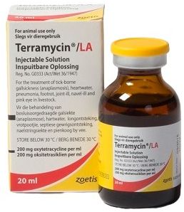 Terramycin® LA Injectable solution is a patented formulation containing 200 mg oxytetracycline per ml. The formulation, because of its unique carrier, provides sustained oxytetracycline in blood levels for 3  5 days in cattle, sheep, goats and pigs after a single 1ml / 10kg injection.