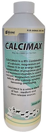 CALCIMAX is a RTU combination of calcium, magnesium and vitamin D in an energy-based combination of propylene glycol and monosaccharides to assist in calcium, magnesium and energy deficits after calving, lambing, farrowing and foaling.Ideal as a first drench for calves, lambs and kids. CALCIMAX is an unique, cost effective product from Afrivet for the prevention of treatment of milk fever and its resulting complications such as ketosis, energy shortages etc. CALCIMAX's 3 sources of calcium ensure fast, medium and long term release of calcium for milk fever and calcium deficiencies. CALCIMAX can be applied to water or as an oral dose. CALCIMAX also contains magnesium, vitamin D and propylene glycol for fast energy.