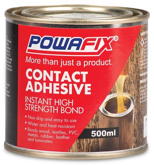 Powafix contact adhesive is a multi functional adhesive that provides an instant high strength bond between wood, textiles, PVC, metals, rubber, leather and laminates. Product is easy to use and non drip. Once dried it provides excellent resistance to water and heat.