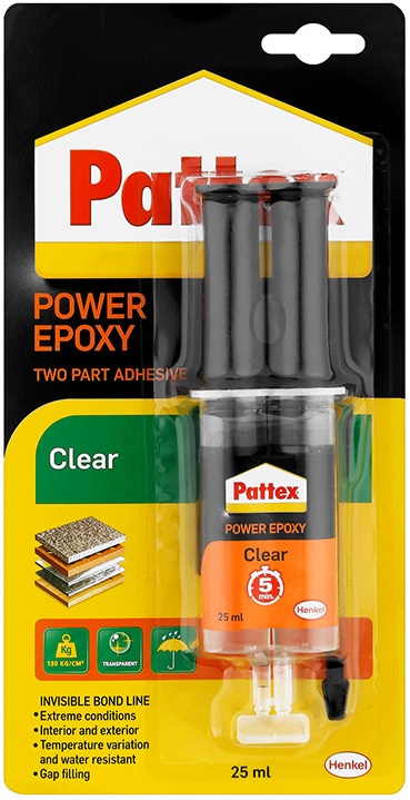 Pattex Power Epoxy is a fast setting gap filling two part adhesive which produces rigid bonds with high bond strengths.The glue line is resistant to water fuels grease and diluted acids and alkali