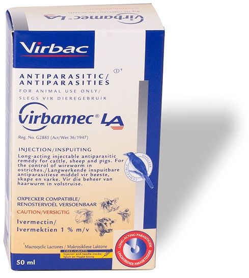 Long acting injectable antiparasitic remedy for cattle, sheep, pigs and ostriches. Oxpecker compatible. The reliable 1% Ivermectin of choice for the trusted control of internal and external parasites (with persistency), for improved production in cattle, sheep, pigs and ostriches. The reliable 1% Ivermectin of choice for the trusted control of internal and external parasites (with persistency), for improved production in cattle, sheep, pigs and ostriches. COMPOSITION : Ivermectin 1% m/v. Cattle and Sheep : Inject 1ml per 50kg body mass. Pigs: Inject subcutaneously or intramuscularly at 1ml per 33kg body mass.