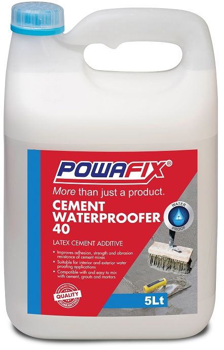 Powafix Cement Waterproofed 40 is an easy to use liquid acrylic waterproofing additive for cement mixes. This high quality product enhances adhesion, water resistance, flexural and tensile strength in cement mixes and is a versatile multi-functional cement compatible additive. CWP40 is Suitable for use in applications requiring permanent immersion in water.