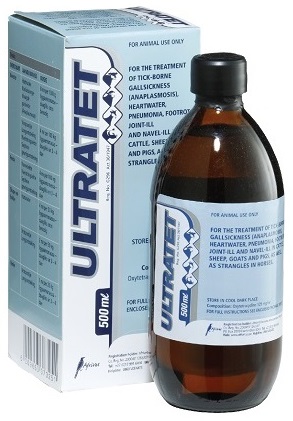 For the treatment of tick-borne gall sickness (anaplasmosis), heartwater, pneumonia, foot rot, joint-ill and navel-ill in cattle, sheep, goats and pigs, as well as strangles in horses.
