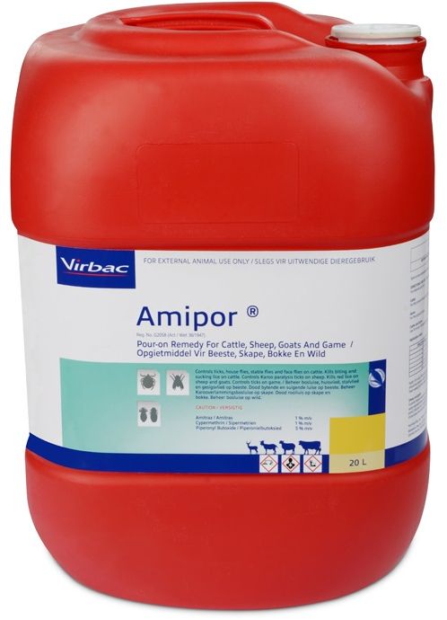 Controls ticks, house flies, stable flies and face flies on cattle. Kills biting and sucking lice on cattle. Controls Karoo Paralysis ticks on sheep. Kills Red lice on sheep and goats. Controls ticks on game. COMPOSITION : Amitraz 1% m/v, cypermethrin 1% m/v, piperonyl butoxide 5% m/v. COMPOSITION : Amitraz 1% m/v, cypermethrin 1% m/v, piperonyl butoxide 5% m/v. CATTLE AND GAME : Use 10 ml per 100 kg body mass. SHEEP AND GOATS : Controls Karoo Paralysis ticks on sheep Use 2ml per 10kg body mass. Kills red lice in sheep and goats Use 4ml per 10kg body mass.
