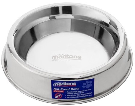 Ant-resistant pet feeding bowl. Raised design prevents ants from climbing onto the bowl. Dishwasher safe. Silicone bonded rubber base.