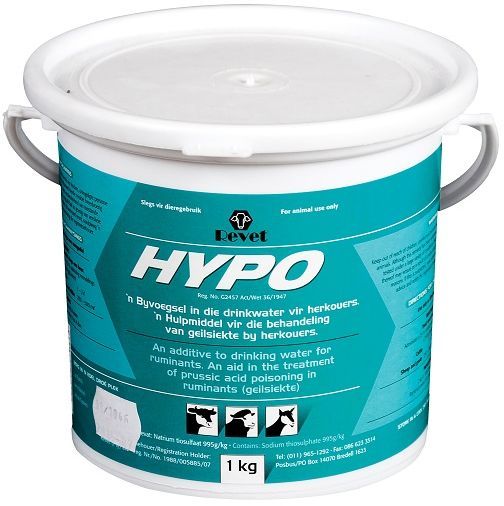 Hypo Sodium Thiosulphate is used as an additive in drink water for ruminants. Directions for Use in Prevention: 2kg Hypo in 1000lt Water. Replenish every 3 to 4 Days. To use as treatment: Treat once only administer 25% solution orally. 250g per liter wate