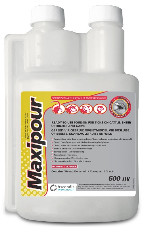 Ready-to-use pour-on for ticks on cattle, sheep, ostriches and game.