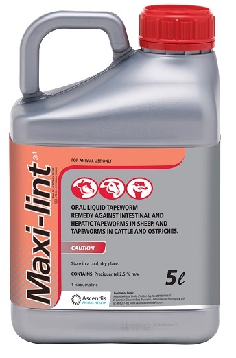 Oral liquid tapeworm remedy against intestinal and hepatic tapeworms in sheep, and tapeworms in cattle and ostriches.