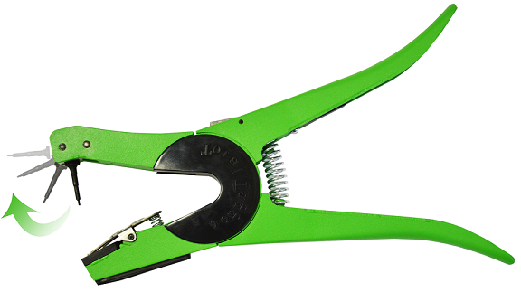 Flip pin applicator. Animal pulls away during application the pin will flip forward.
