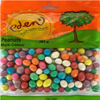 Peanuts coated with a sweet layer (Flavourants, colourants, thickener).