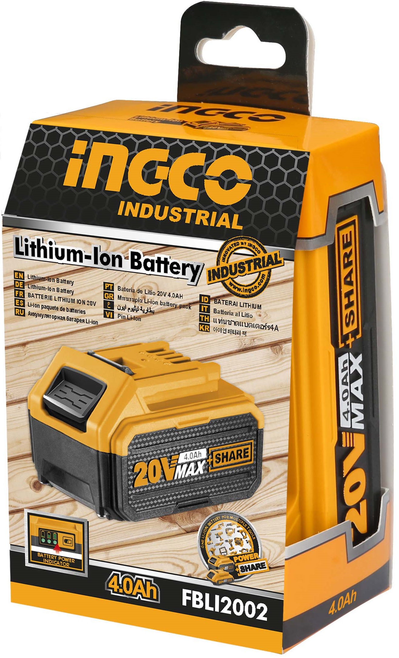 Voltage:20V. Lithium-ion 4.0Ah battery. LED battery power indicator. One battery fits all P20S multiple tools. Packed by colour box.