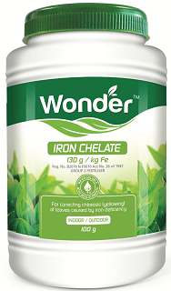 For correcting chlorosis (yellowing) of leaves caused by iron deficiency.