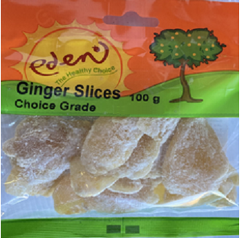 Ginger slices coated in icing sugar.