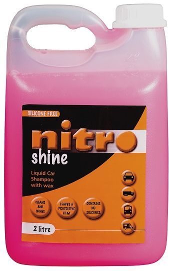 Liquid car shampoo with wax cleans and shines at the same time, it leaves a protective film on the vehicle. Ensure the vehicle body is at room temperature before starting to wash. Add 50ml Nitro Shine to 10 litres of water. Apply with sponge or soft cloth. Rinse after washing. Buff with a soft cloth to enhance shine if preferred.
