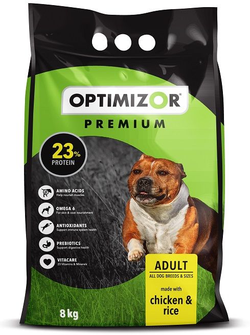 Optimizor Premium Adult with chicken and rice, with 23% protein, is a high-quality dog food specially formulated for active dogs. Our resident animal nutritionist and veterinarian has ensured a balanced formula of high-quality poultry meat and rice, together with VitaCARE, all to ensure optimal levels of protein for strong muscles and to promote a healthy immune system. Amino Acids to help nourish muscles, Omega 6 for skin & coat nourishment, Antioxidants to support immune system health, Prebiotics to support digestive health, 23 Vitamins and Minerals.
