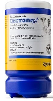 DECTOMAX® is a injectable, broad- spectrum parasiticide for cattle, sheep, goats and swine. CONTAINS: A ready-to-use, pale yellow, sterile solution containing 1% (10m /ml) doramectin.