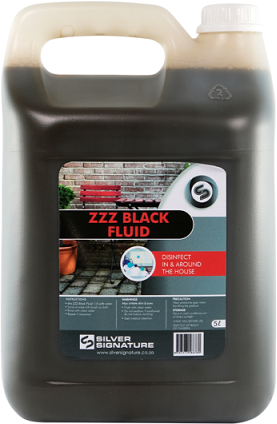 Zzz Black fluid disinfects in and around the house, strong tarry smell.