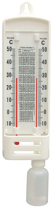 This thermometer is a water-based instrument that measures relative humidity in rooms or other large areas.
