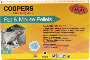 Highly active anticoagulant grain bait for the control of the Norway rat, roof, rat and house mouse. Attractive presentation shape and length promotes rodents natural preference to hold the pellet in front paws while eating.