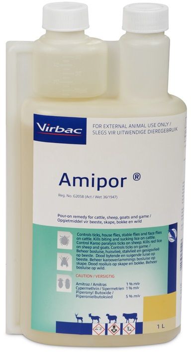 Controls ticks, house flies, stable flies and face flies on cattle. Kills biting and sucking lice on cattle. Controls Karoo Paralysis ticks on sheep. Kills Red lice on sheep and goats. Controls ticks on game. COMPOSITION : Amitraz 1% m/v, cypermethrin 1% m/v, piperonyl butoxide 5% m/v. COMPOSITION : Amitraz 1% m/v, cypermethrin 1% m/v, piperonyl butoxide 5% m/v. CATTLE AND GAME : Use 10ml per 100kg body mass. SHEEP AND GOATS : Controls Karoo Paralysis ticks on sheep Use 2ml per 10kg body mass. Kills red lice in sheep and goats Use 4ml per 10kg body mass.