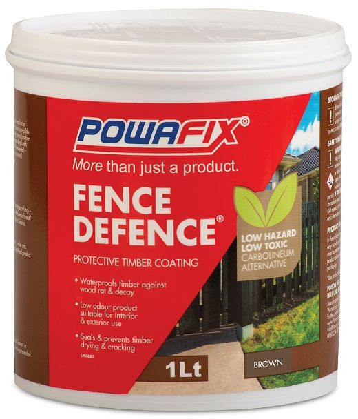 Powafix Fence Defence is a water based Carbolineum alternative that is formulated to waterproof and protect treated timbers. This interior / exterior, Low odour coating is a non-toxic formulation Suitable for around the home and farms. Fence Defence seals in the chemicals that protect pre-treated timber from termite and wood borer whilst also preventing wood rot and decay.