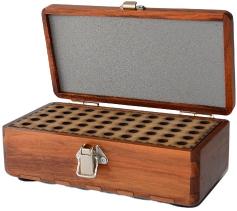The Blacksmith Creations Ammunition Case is a handmade & high quality Kiaat wood case which houses 50 rounds in a point downwards position.