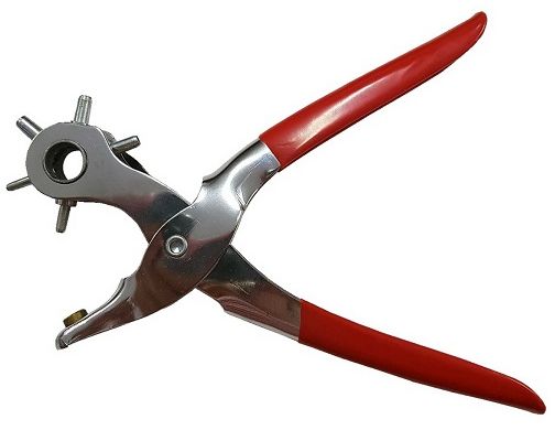 Quality tool for punching assorted sized holes in leather. Revolving punch head allows you to easily choose different size holes. Strong steel handle with a rubberised non-slip grip.