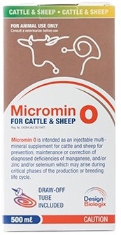 Micromin O is intended as an injectable multi-mineral supplement for cattle and sheep for prevention, maintenance or correction of diagnosed deficiencies of manganese, and/or zinc and/or selenium which may arise during critical phases of the production or breeding life cycle.