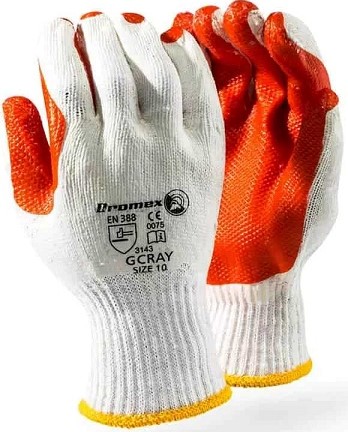 Rubber coated palm & fingers Cotton liner Composite knit wrist Provides grip when handling slippery or abrasive objects Protects hands against cut and puncture hazards Use for inspection, General maintenance, Gardening, Glass handling, Fishing industries.