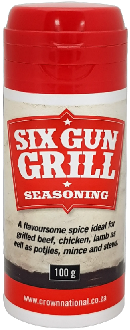 Six Gun Grill is a well-balanced blend of herbs and spices and is ideal for grilled beef, chicken and lamb as well as potjies, mince and stews.