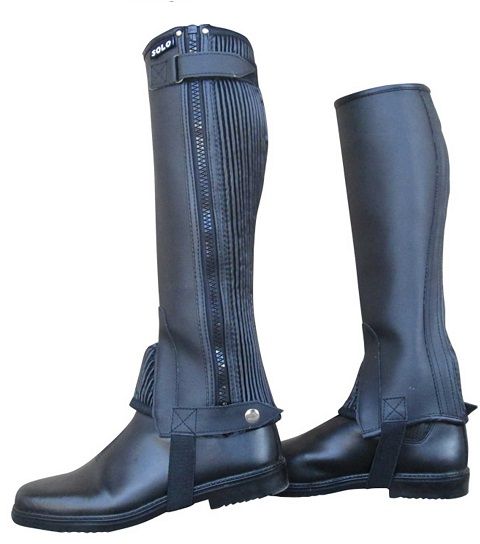 Synthetic leather look chaps - prevents the stirrup leathers from rubbing your calves. Good value for money. Strong YKK zip. Low maintenance - wipe clean with a damp cloth or sponge.