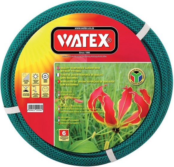 Watex 20mm X 30m garden hose. Manufactured in South Africa. PVC. 6 Year warranty. UV stabilised.