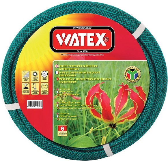 Watex 20mm X 20m garden hose. Manufactured in South Africa. PVC. 6 Year warranty. UV stabilised.
