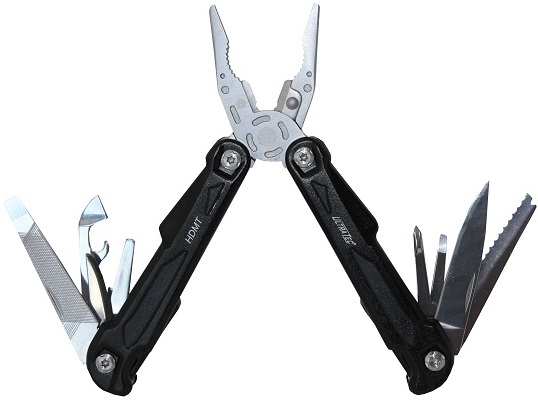 U/TEC O.N full size locking HDT Multi-tool black blister pack locking tool HDT - 13 Unction Tool Outdoor Necessities medium flat screwdriver, small knife, metal file, large flat screwdriver, pliers, wire cutter, Knife, Philips screwdriver, small flat screwdriver, serrated knife, Hook remover, can opener, bottle opener.