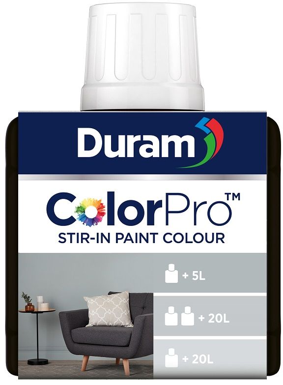 Stir Duram ColorPro stir-in paint colour into white Duram paints to create attractive, rich colours. Each of the 17 colours can produce 3 consistent shades. To achieve professional colour consistency, use with Duram Wall & Ceiling, Wall Sheen, Flex wall, Armatex, Enamel & Trim, Matt Acrylic, Gloss Enamel, Stoep Enamel or any other white Duram wall or enamel paint.