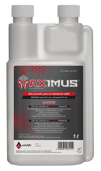 Maximus is a ready-to-use pour-on antiparasitic for cattle.