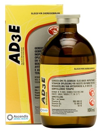 Ready to use oily injectable vitamin solution for cattle and pigs for the treatment of avitaminosis A, D and E as a supplementary therapy.