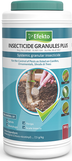 A ready to use systemic insecticide in granular form to control aphids, mealybugs, thrips and scale insects as listed on conifers, flowers, ornamental shrubs and roses in the home garden.