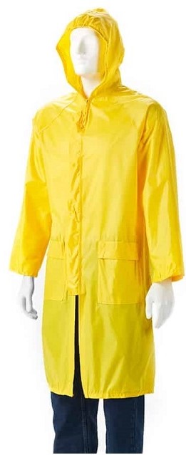 Knee-length raincoat. Ventilated back with mesh lining & aeration holes under the armpit allowing the garment to 'breathe'. Fixed hood with drawstring. Two pockets with storm flap. Heavy-duty full non-metal zip front with outer storm flap. Large plastic press studs for ease of use when wearing gloves with an outer storm flap. Internal storm cuff that prevents water from running down your sleeve. Suitable for when ther is exposre to rain.