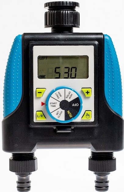 Easily programmable with a LCD screen. Running time of 6 hours ableing you to get regular irrigation or short programs. Timer comes with Rain delay feature. Easily identifiable double blue stripe to aid in correct installation.