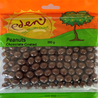 Raw peanuts coated in a chocolate layer. Chocolate coated (58%) sugar, vegetable fat (Palm Kernel), skim milk, whey, flavourant, emulsifier (soya), gum acacia, gum arabic, glazing, peanuts (42%).