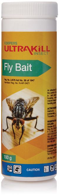 An attractive fly bait for the control of houseflies in and around animal housing refuse tips, manure heaps and food handling plants.