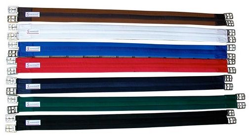Padded cotton girth. No seams to rub/chafe your horse's sensitive belly. No elastic prevents girthing up too tightly. Stainless steel roller buckles. Any size available.